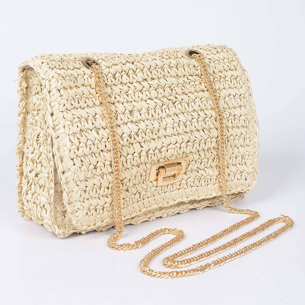 Faux Straw Bucket Bag | Khaki Straw Bucket Bag Gold Chain