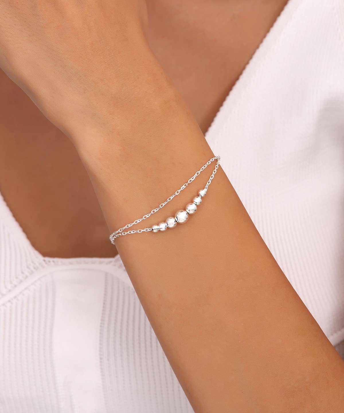 925 Sterling Silver Anklet | Sterling Silver 2 Layer Beaded Anklet