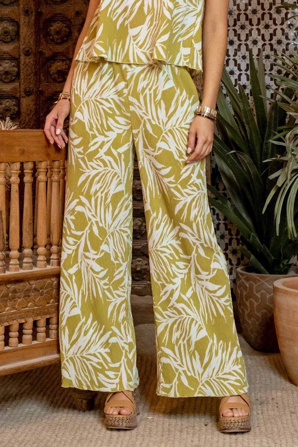 Somewhere On a Beach Dress Pants | Lightweight Plisse Leafe wide Leg Pants