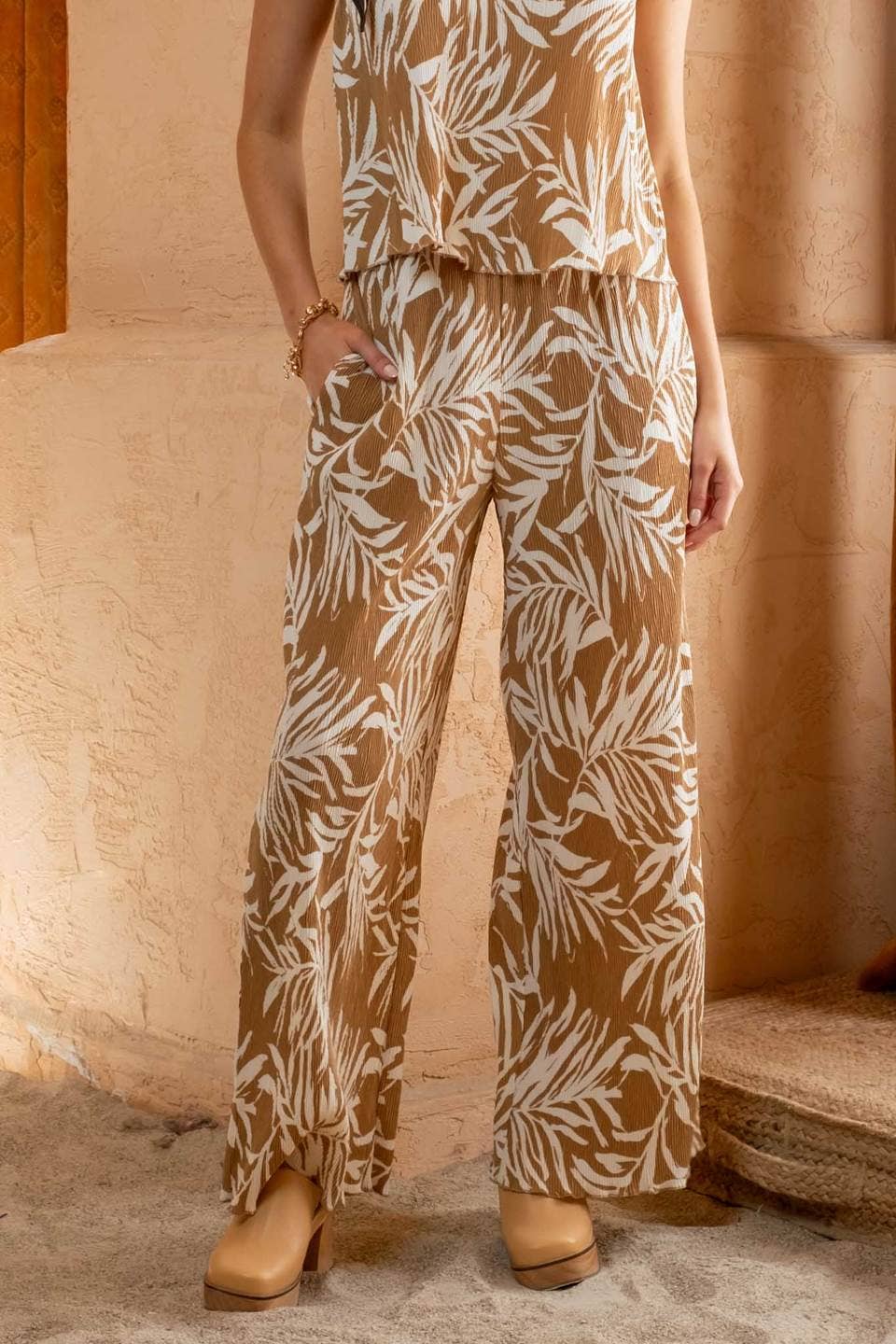 Somewhere On a Beach Dress Pants | Lightweight Plisse Leafe wide Leg Pants