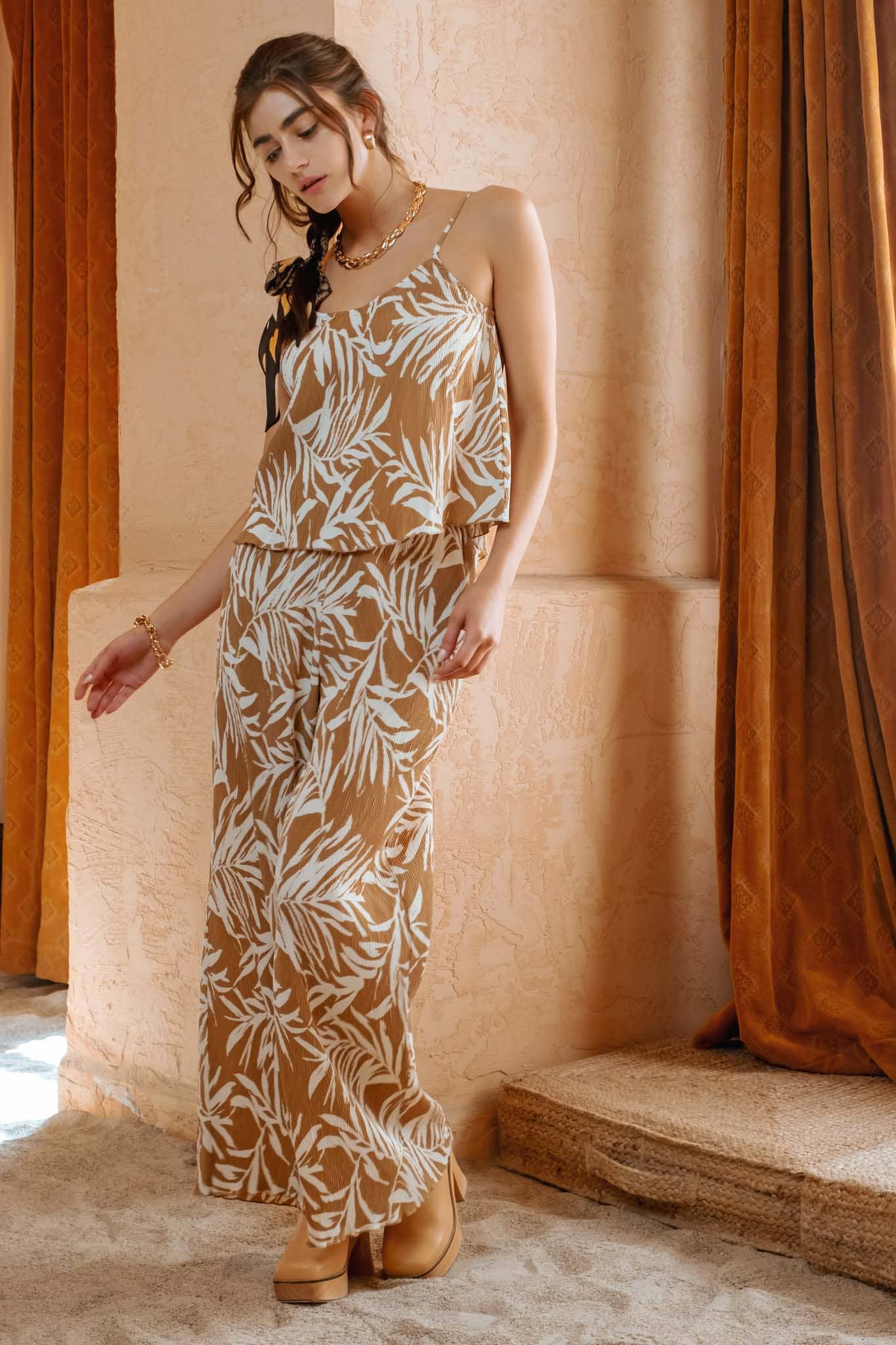 Somewhere On a Beach Dress Pants | Lightweight Plisse Leafe wide Leg Pants