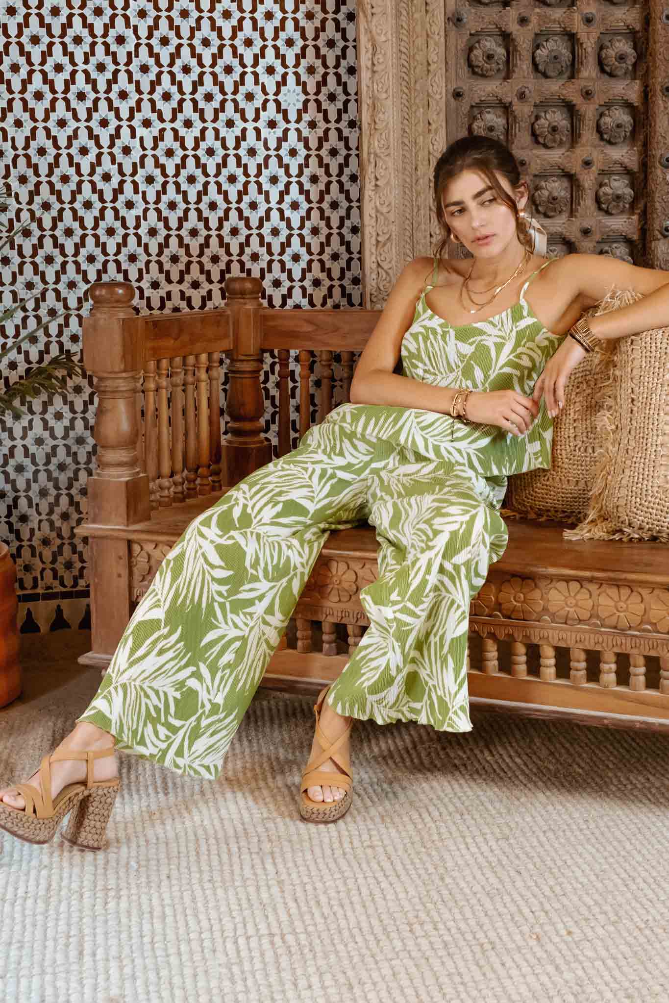 Somewhere On a Beach Dress Pants | Lightweight Plisse Leafe wide Leg Pants