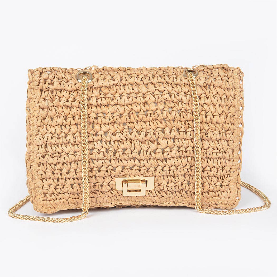 Faux Straw Bucket Bag | Khaki Straw Bucket Bag Gold Chain