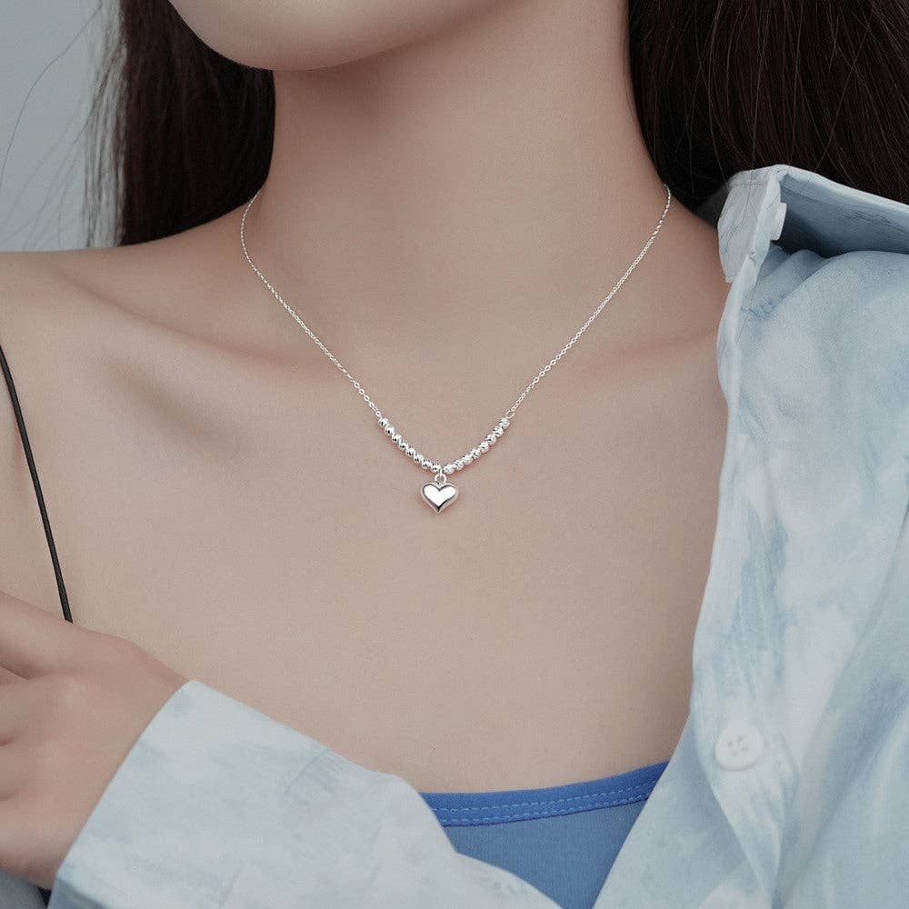 Beaded Heart Charm Pendant Necklace | 925 Sterling Silver Heart Necklace