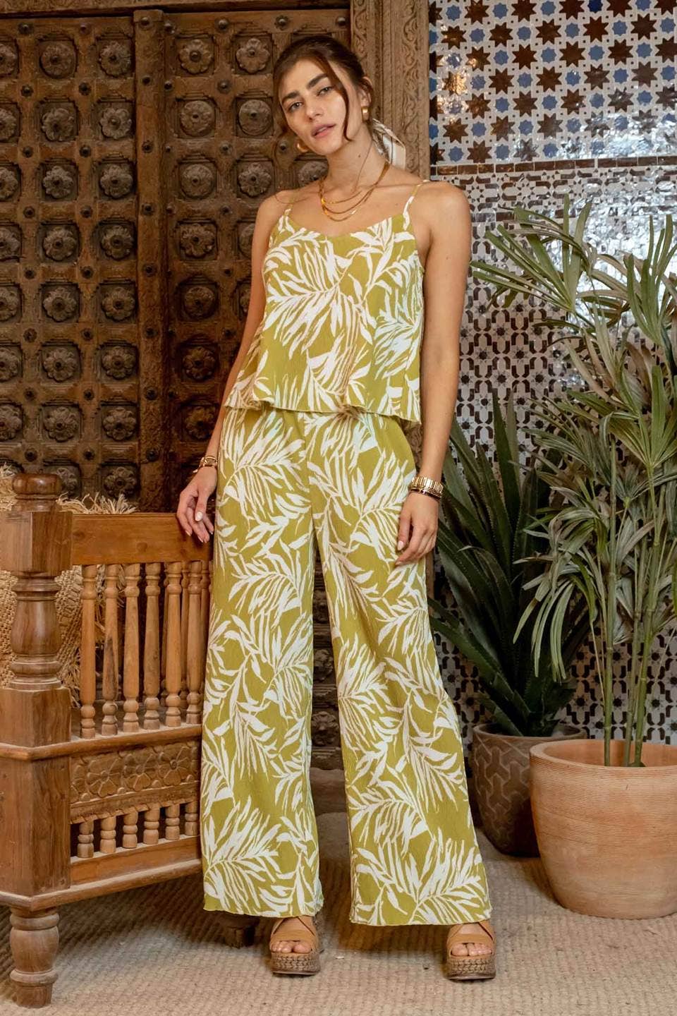 Somewhere On a Beach Dress Pants | Lightweight Plisse Leafe wide Leg Pants