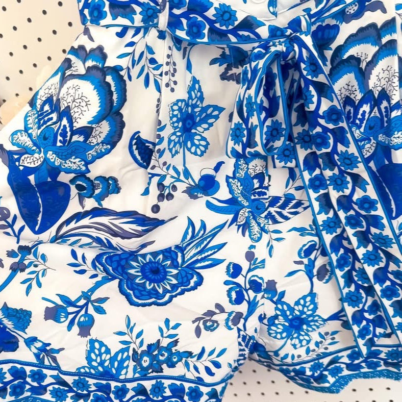 True Blue Paradise Romper | Belted Blue White Shorts Romper