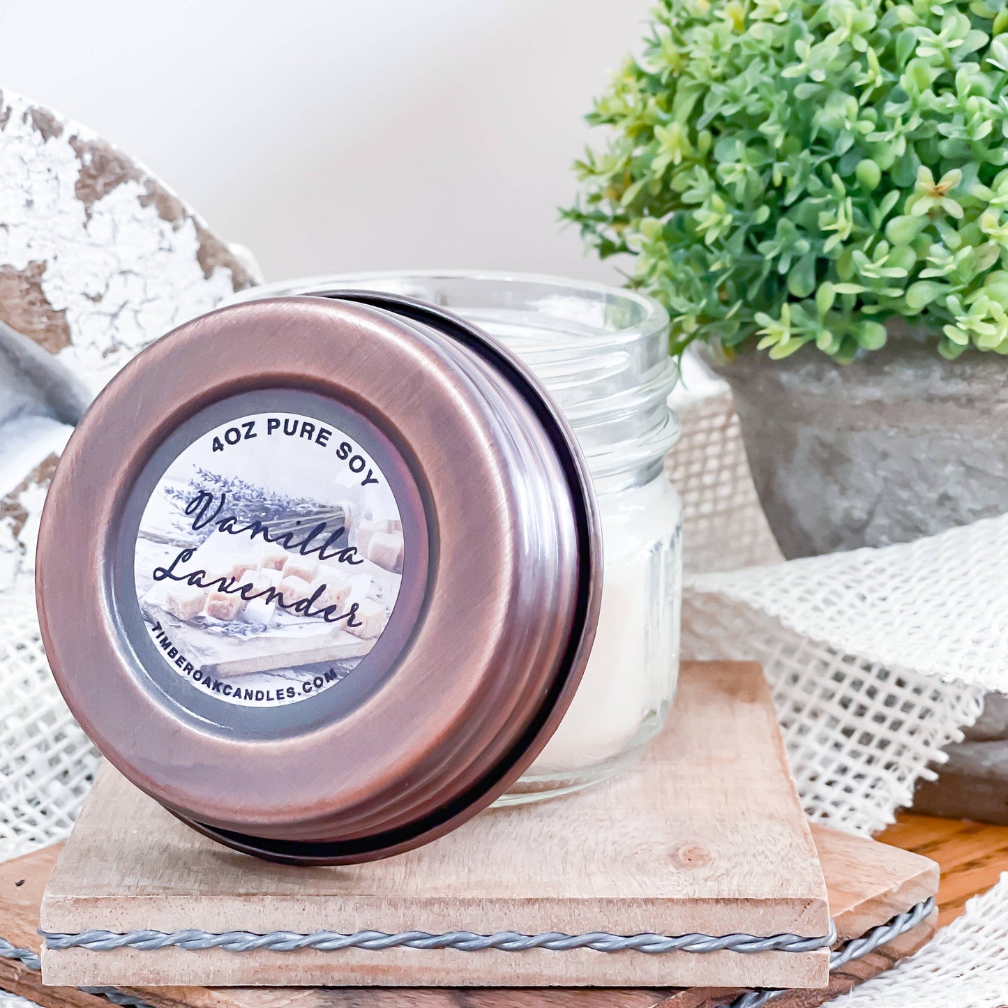 Vanilla Lavender 4oz Mason Jar Candle| Timber Oak Vanilla Lavender Soy Candle