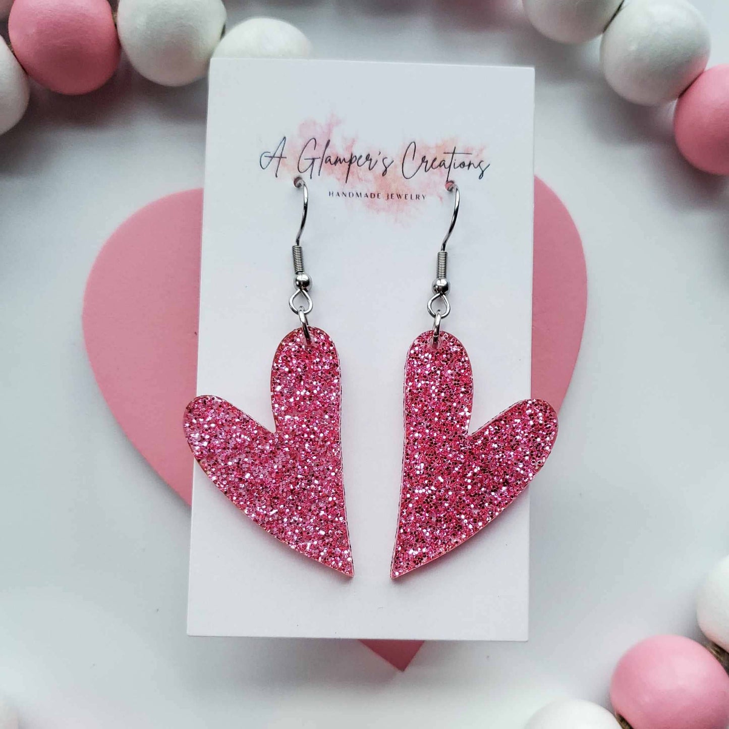 Pink Whimsical Heart Earrings | Glitter Valentines Day Earrings