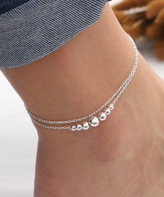 925 Sterling Silver Anklet | Sterling Silver 2 Layer Beaded Anklet