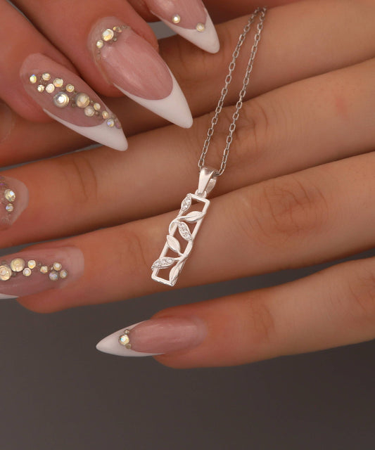 925 Sterling Silver Necklace | Sterling Silver Leafs Bar Pendant Necklace