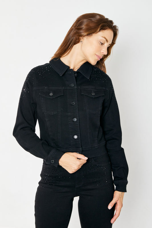 After Midnight Black Denim Jacket | Black Rhinestone Denim Jacket