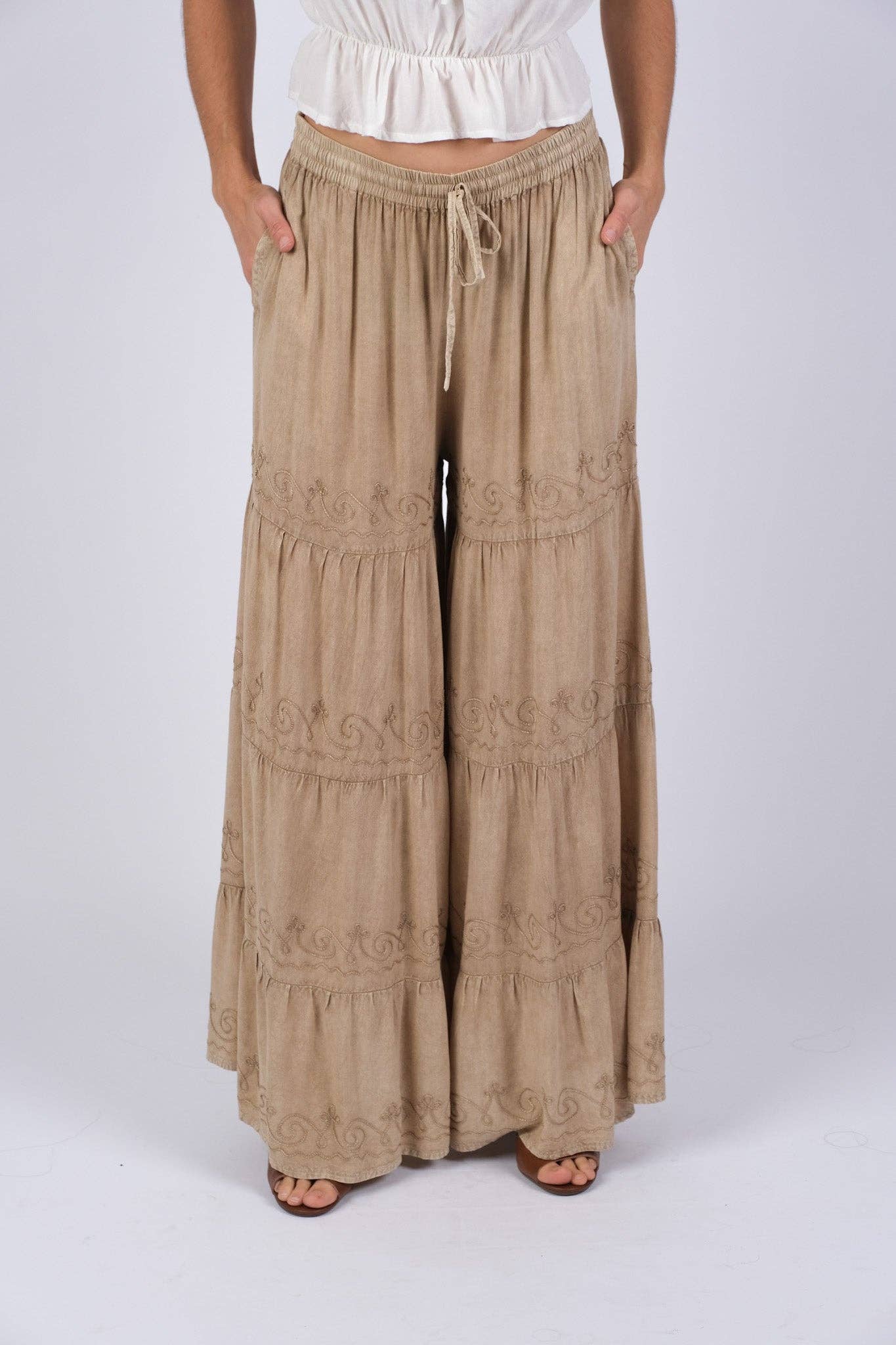 Artisan Embroidered Palazzo Pants | Embroidered Camel Tiered Palazzo Pants