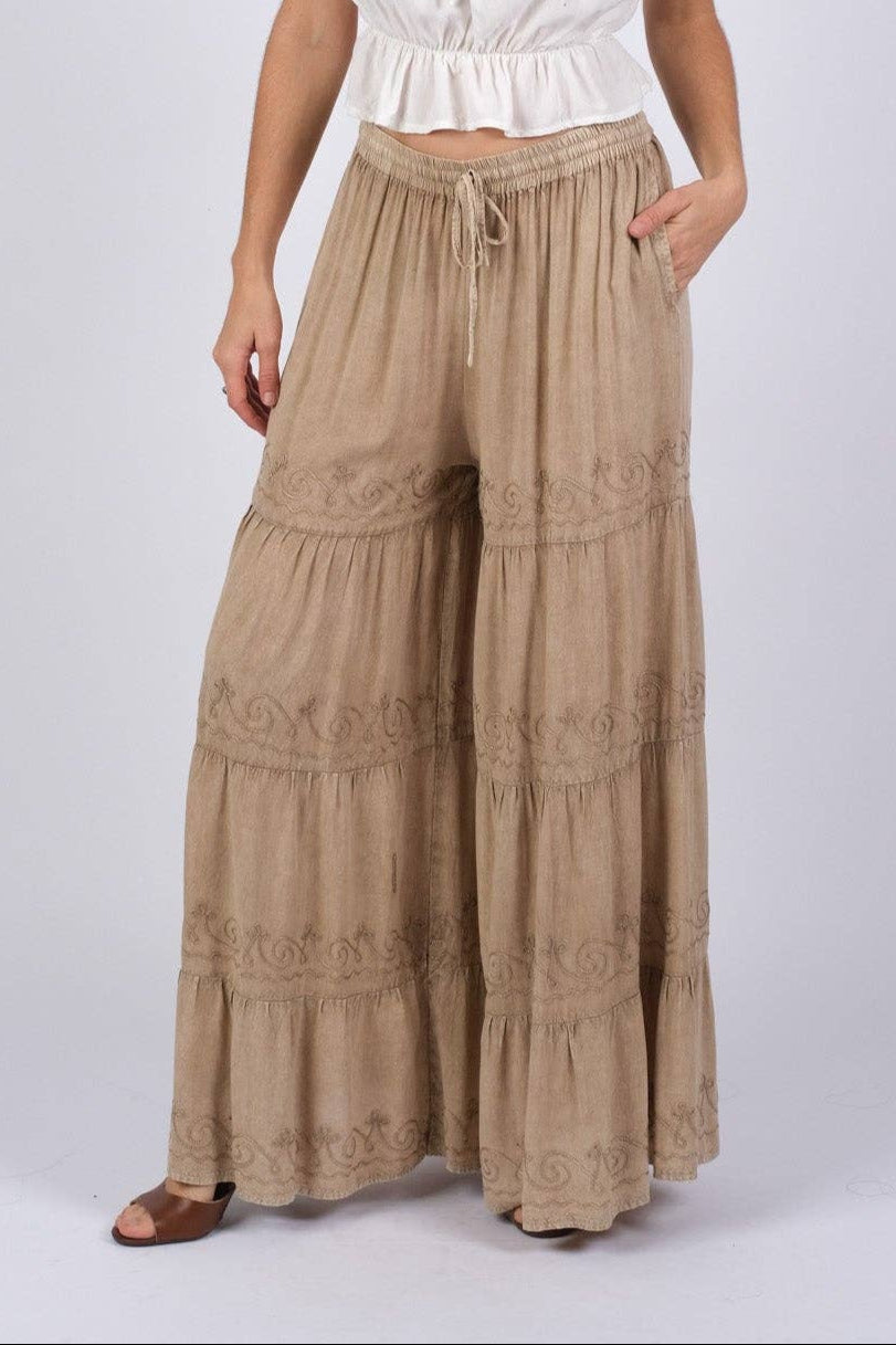 Artisan Embroidered Palazzo Pants | Embroidered Camel Tiered Palazzo Pants