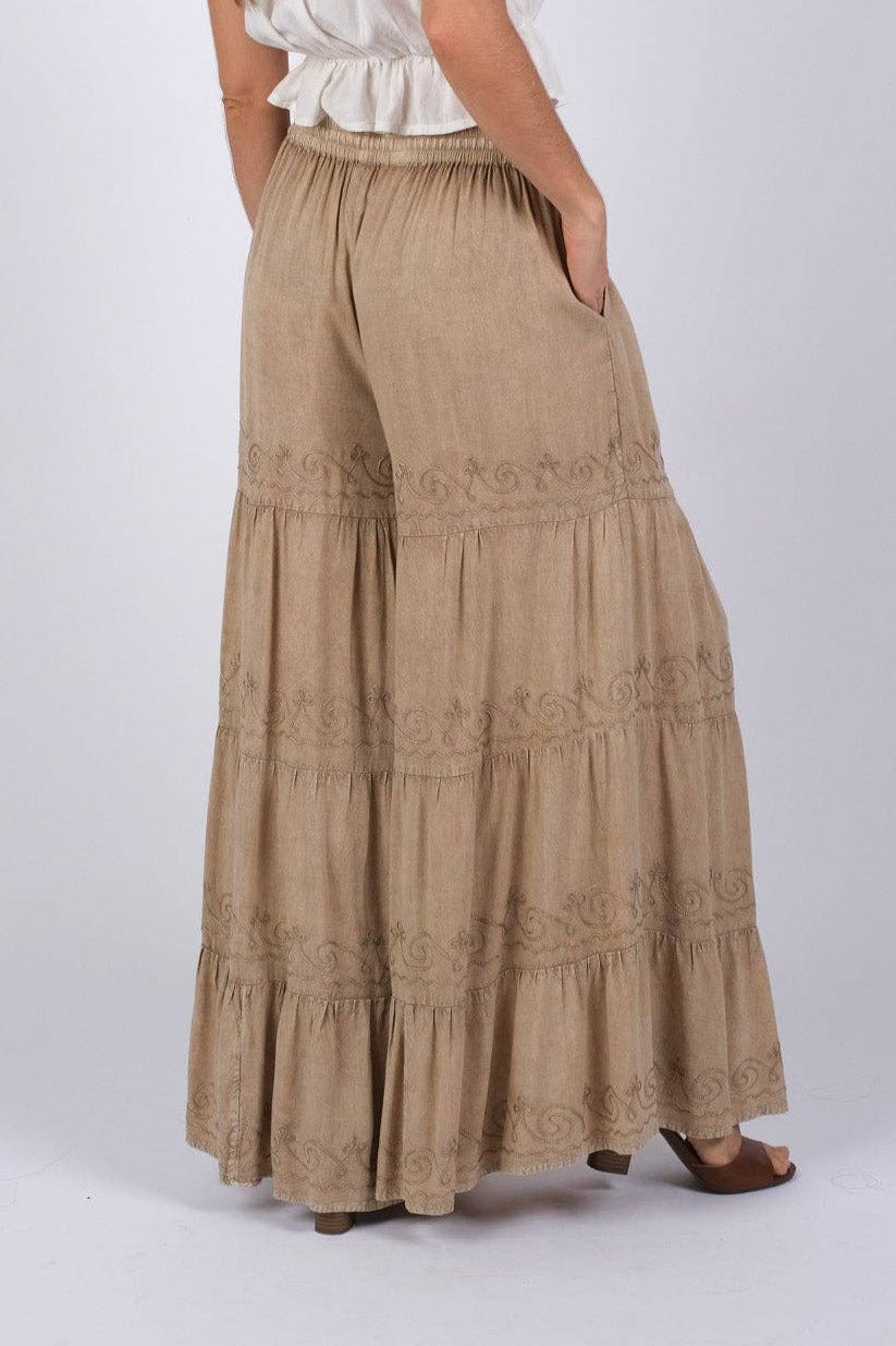 Artisan Embroidered Palazzo Pants | Embroidered Camel Tiered Palazzo Pants