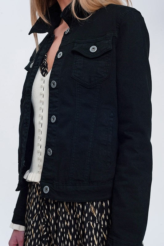 Black Out Stretch Trucker Jacket | Black Cropped Stretch Jacket