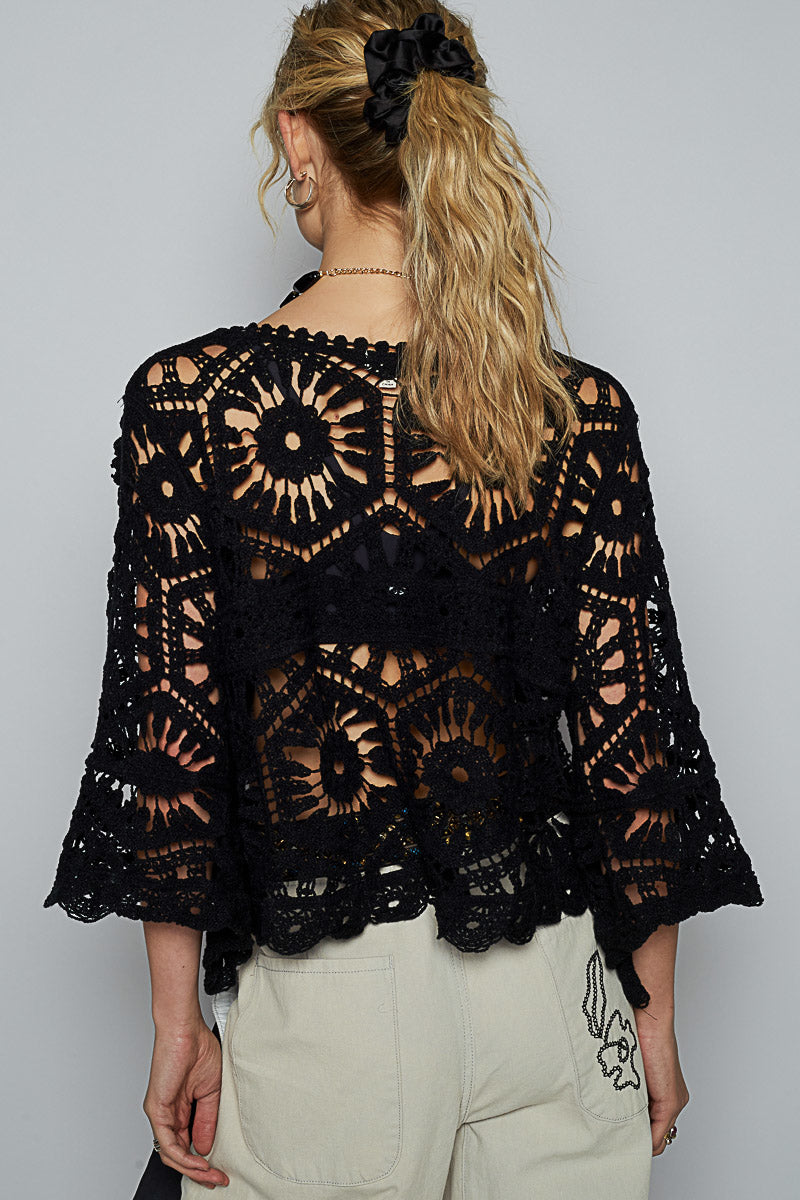 Boho Beauty Black Crochet Top | Black Three Quarter Sleeve Crochet Top