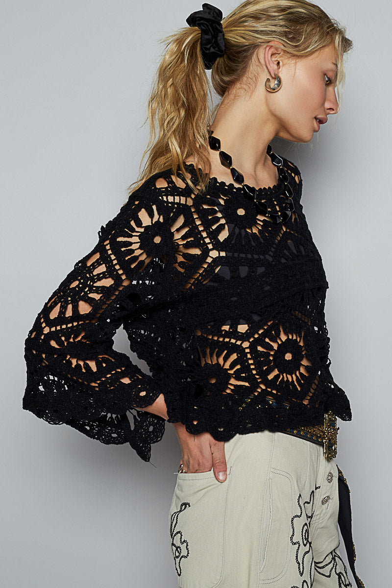 Boho Beauty Black Crochet Top | Black Three Quarter Sleeve Crochet Top
