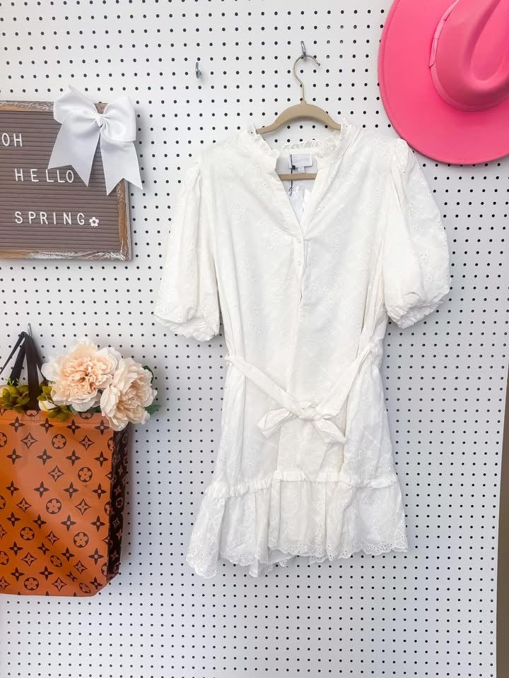 Brunch Ready Eyelet Dress | Ruffle Split V Neckline Eyelet Dress