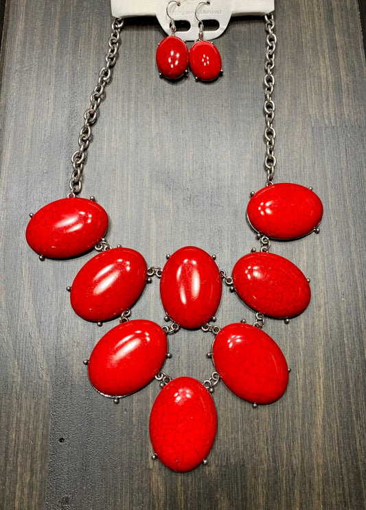 Chunky Red Stone Silver Jewelry Set | Red Stone Stretch Bracelet Earrings Set