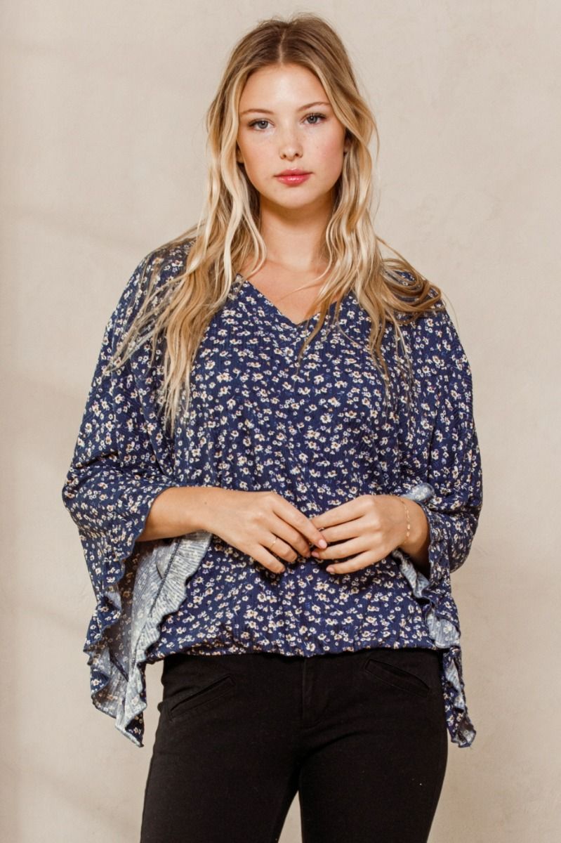 Dreaming in Denim Blue Top | Double V-Neck Ruffled Bell Sleeve Floral Top