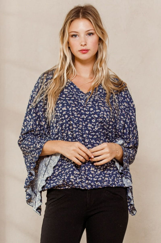 Dreaming in Denim Blue Top | Double V-Neck Ruffled Bell Sleeve Floral Top