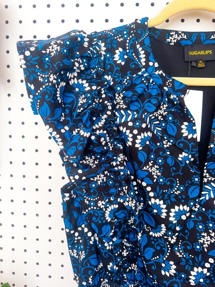 Effortlessly Cute Dress | Sugarlips Black Blue Printed Short Dress
