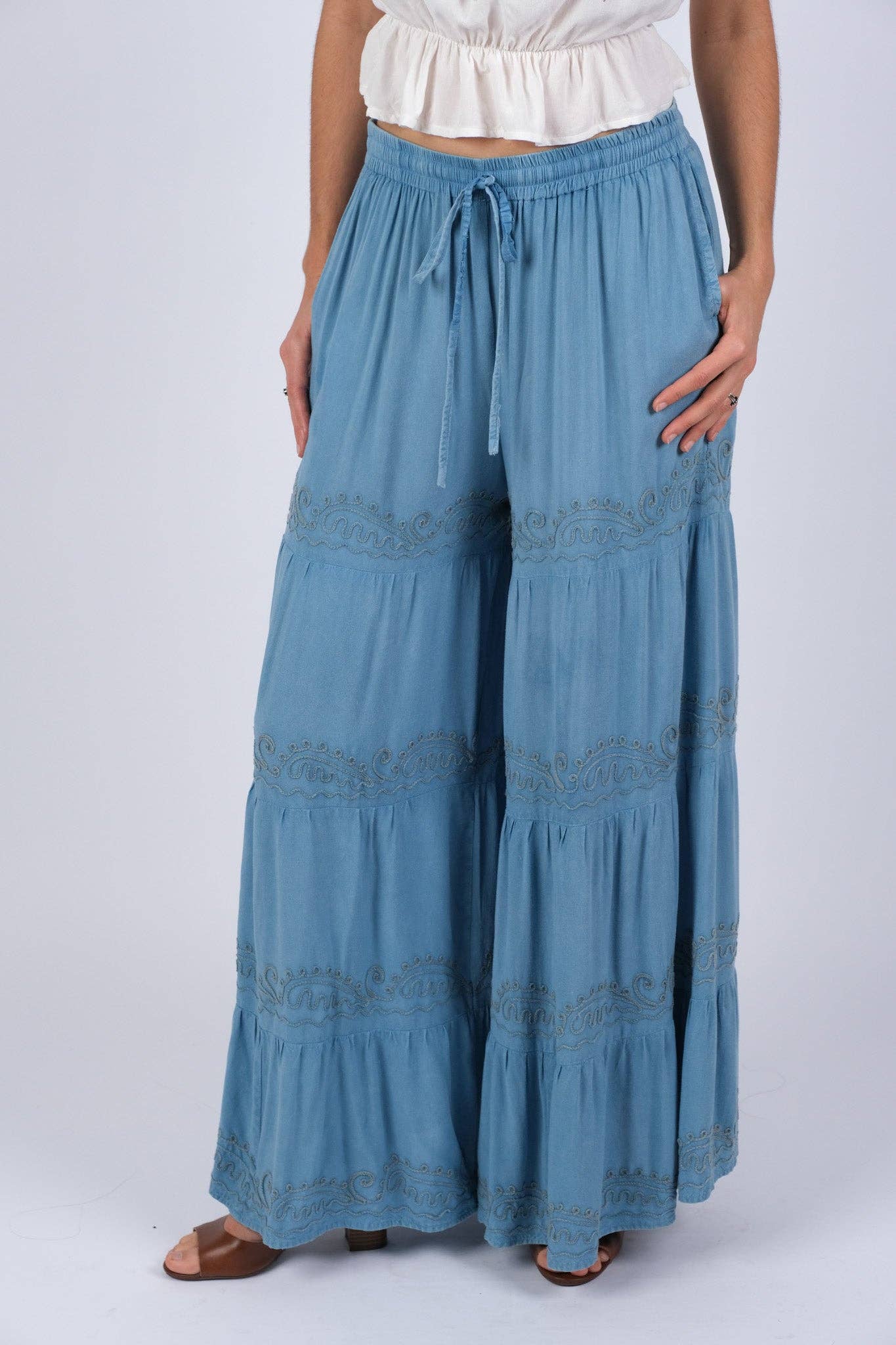 Embroidered Artisan Blue Palazzo Pants | Embroidered Tiered Blue Palazzo Pants