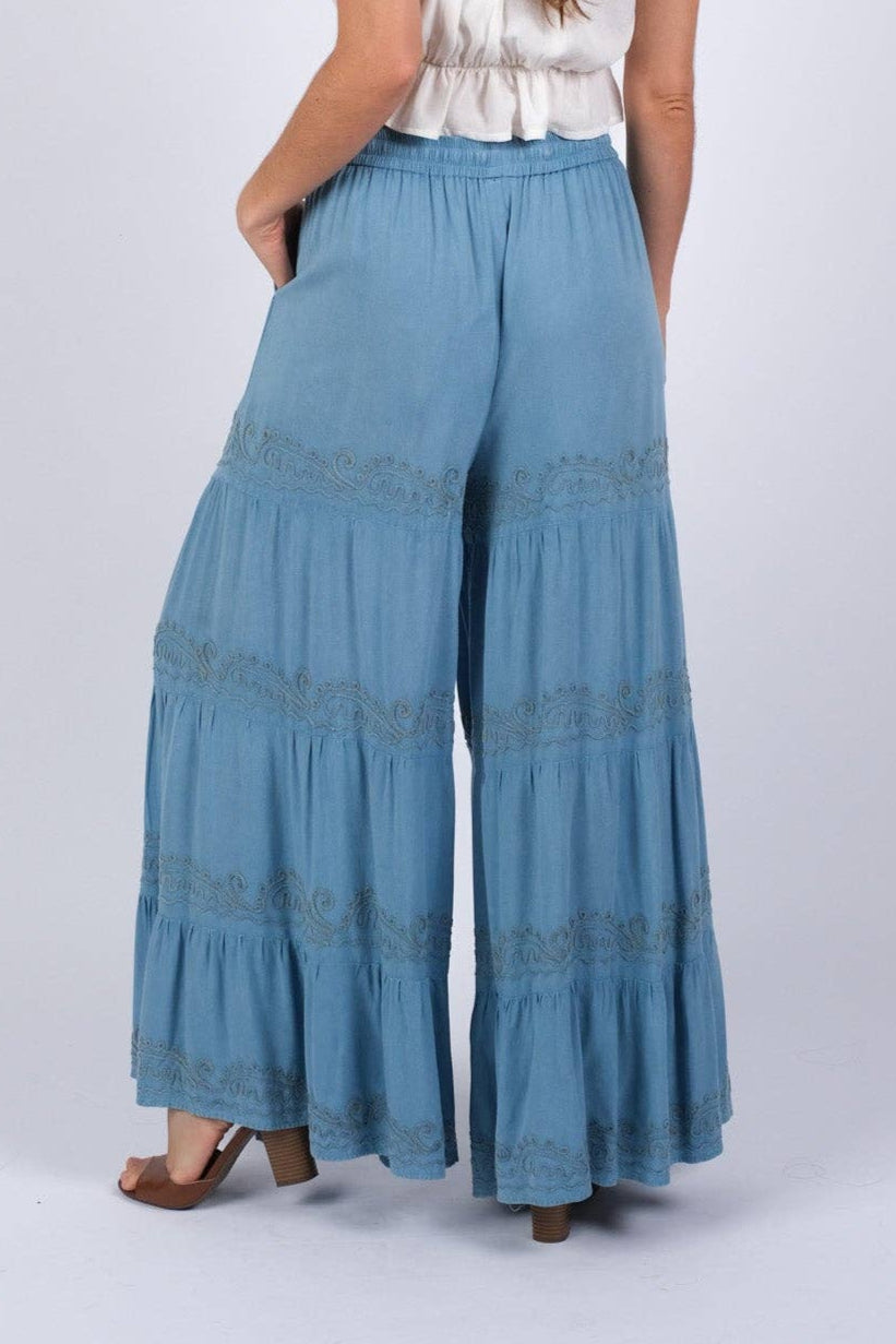 Embroidered Artisan Blue Palazzo Pants | Embroidered Tiered Blue Palazzo Pants