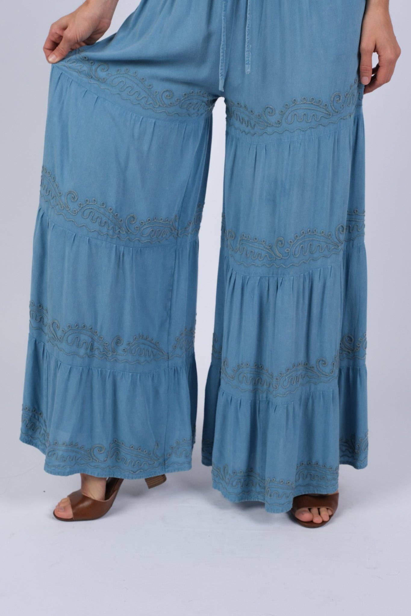 Embroidered Artisan Blue Palazzo Pants | Embroidered Tiered Blue Palazzo Pants