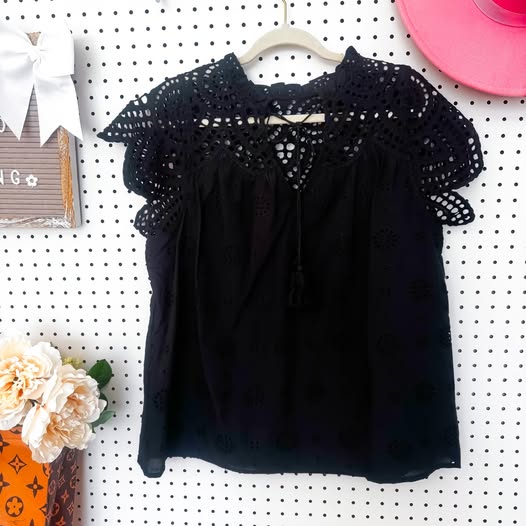 Enchanting Eyelet Black Top | Sugarlips Black Eyelet Short Sleeve Top