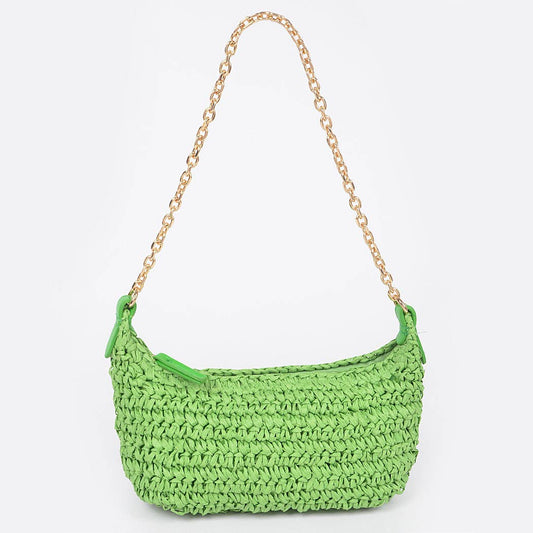 Faux Straw Bag | Straw Bag with Gold Chain Shoulder Strap