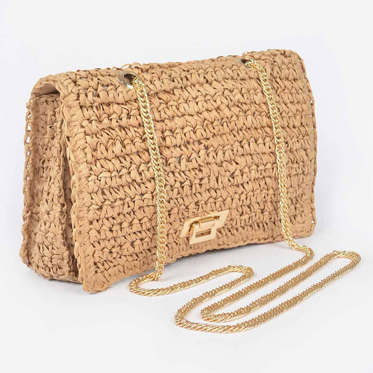Faux Straw Bucket Bag | Khaki Straw Bucket Bag Gold Chain
