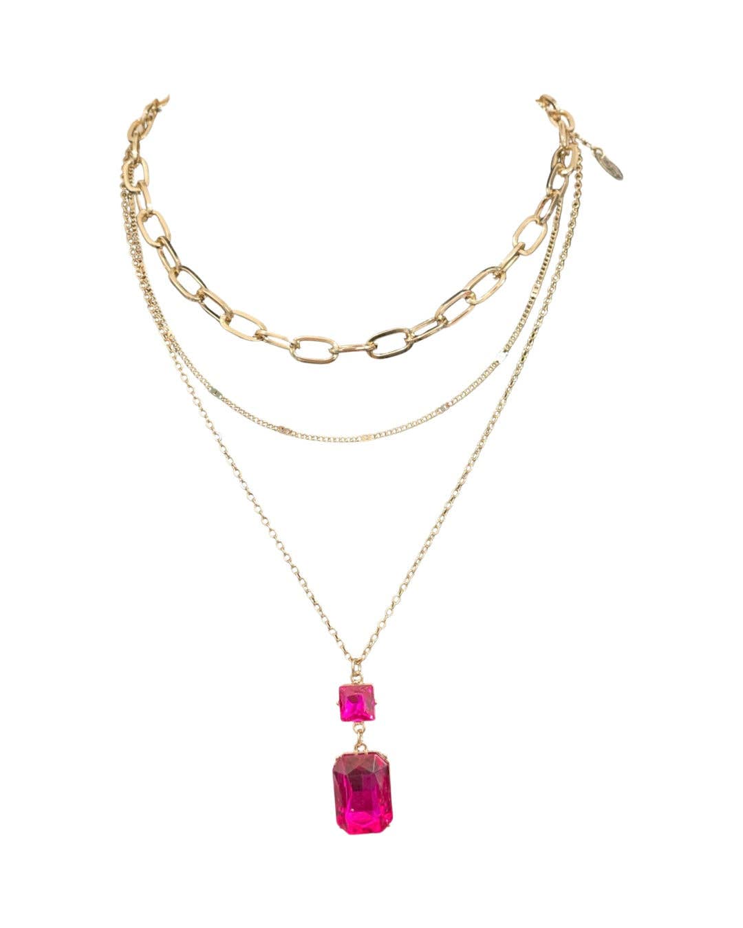 Fuchsia Rhinestone Pendant Necklace | 3 Strand Fuchsia Pendant Necklace
