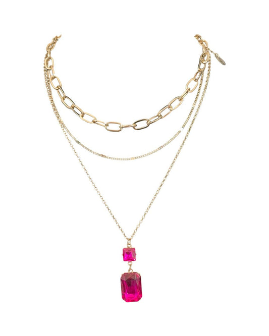 Fuchsia Rhinestone Pendant Necklace | 3 Strand Fuchsia Pendant Necklace