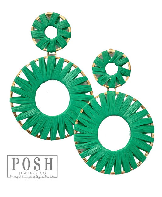 Green Raffia Wrapped Circle Earrings | Posh Jewelry Co Raffia Earrings
