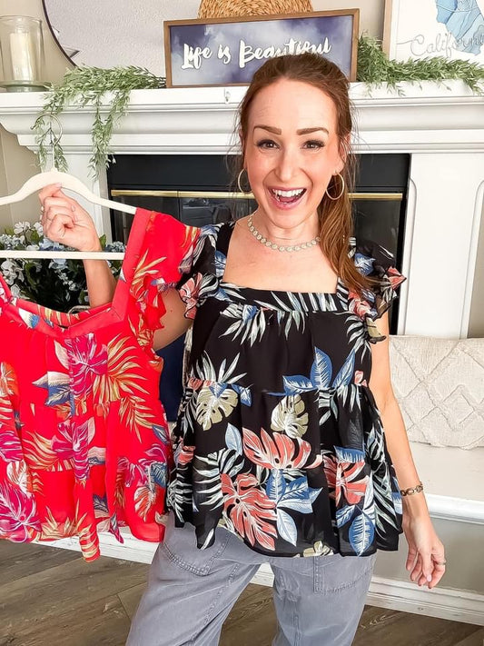 Havana Cabana Red Top | Fun and Flowing Square Neck Ruffle Sleeve Top