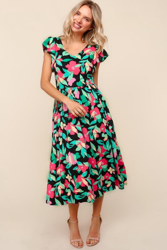 Hibiscus Haptics Black Floral Midi Plus Dress | Black Knit Floral Midi Plus Dress