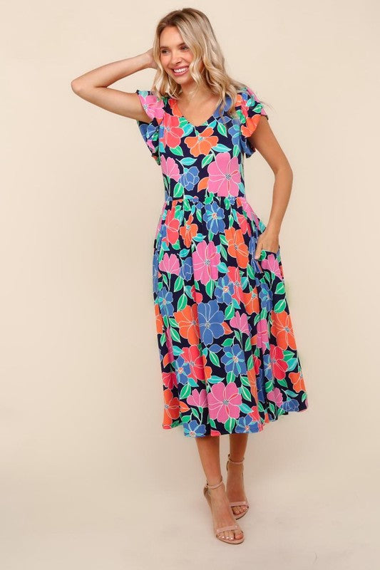 Hibiscus Haptics Blue Midi Dress | Fit and Flare Midi Knit Blue Floral Dress