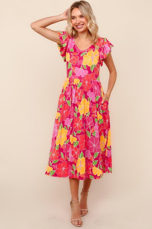 Hibiscus Haptics Pink Midi Dress | Fit and Flare Midi Knit Pink Floral Dress