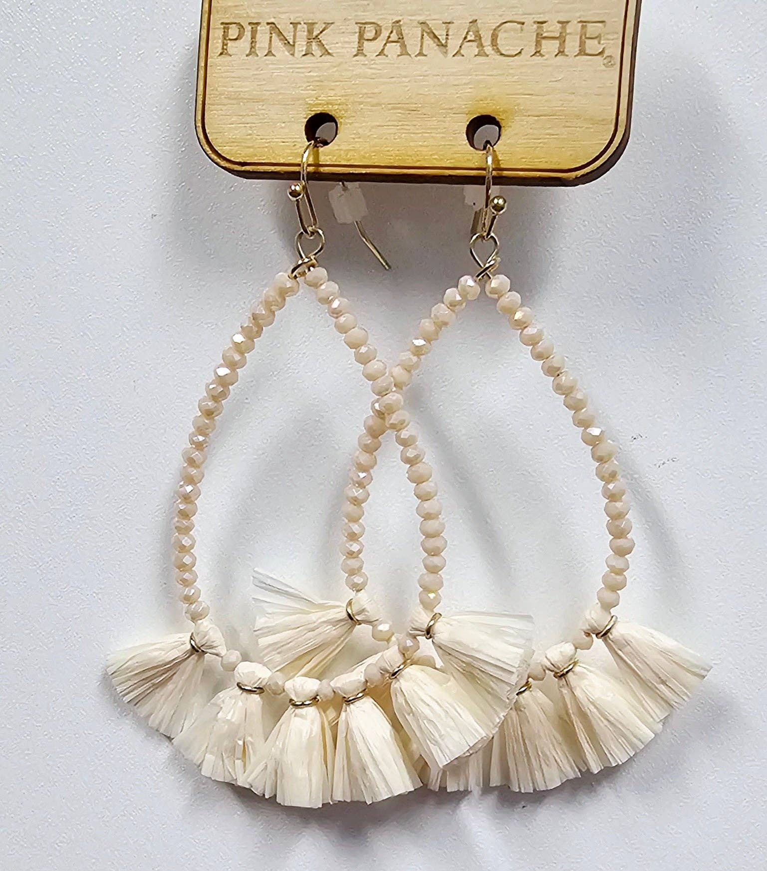 Ivory Beaded Teardrop Raffia Earrings | Ivory Beaded Raffia Teardrop Earrings
