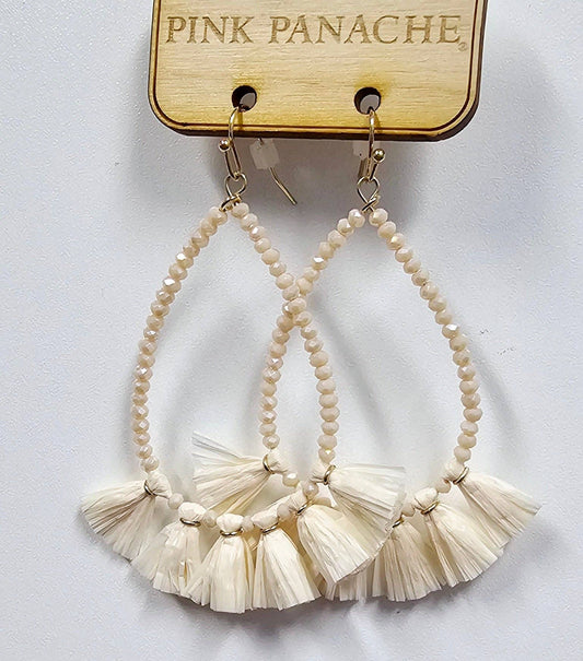 Ivory Beaded Teardrop Raffia Earrings | Ivory Beaded Raffia Teardrop Earrings