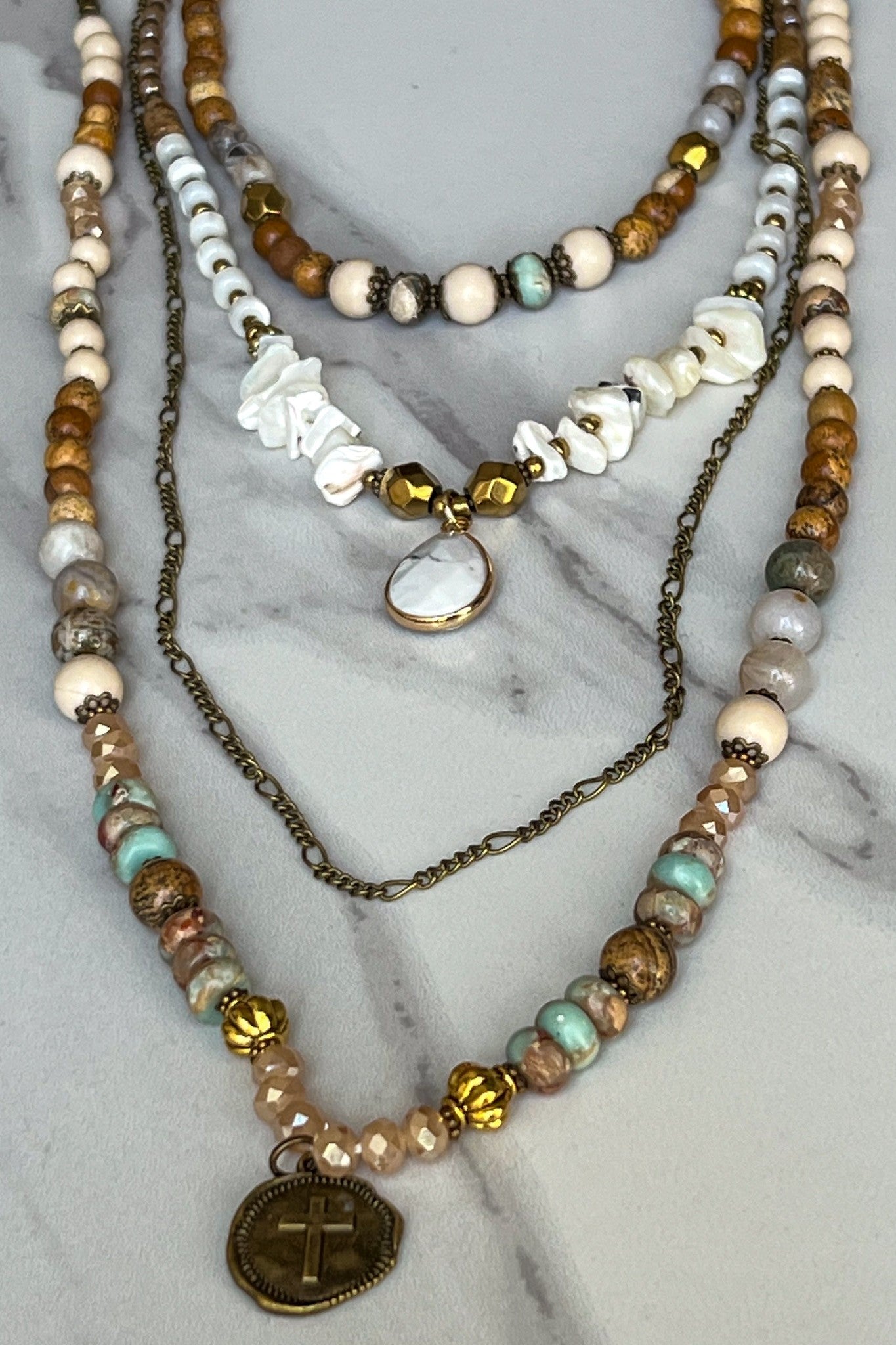Kayla Layered Necklace Set | Four Layer Bronze Stone Glass Necklace Set