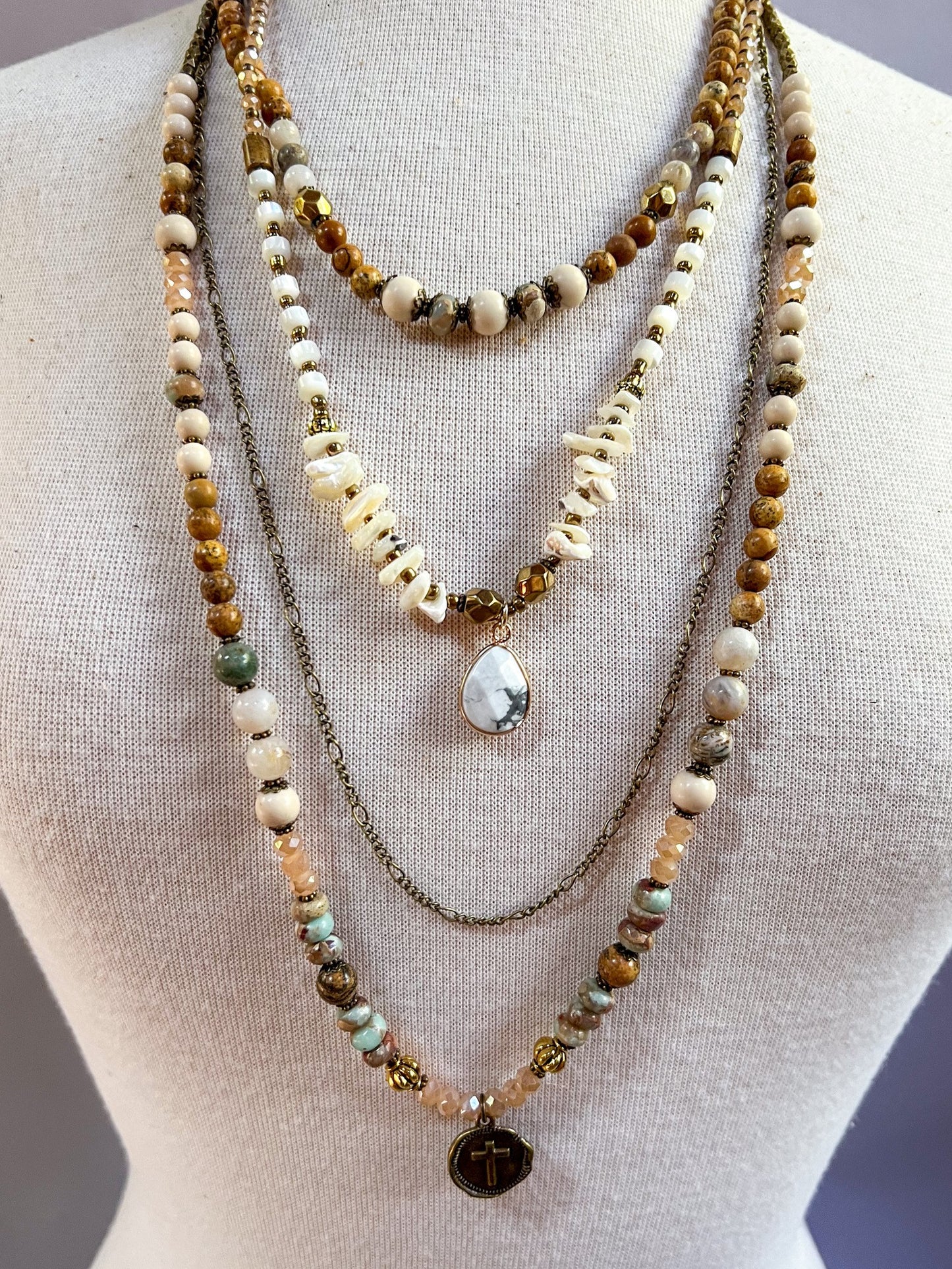Kayla Layered Necklace Set | Four Layer Bronze Stone Glass Necklace Set