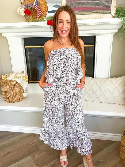 Seeing Spots Leopard Cropped Jumpsuit | Umgee Asymmetrical Hem Ruffled Romper