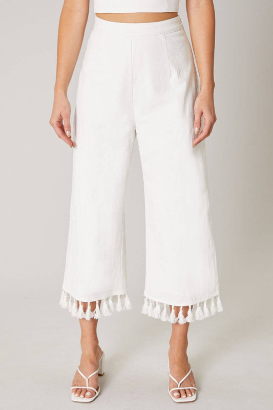 Stay Extra Tassel Trim White Pants | White Cropped Tassel Trim Wide Leg Pants