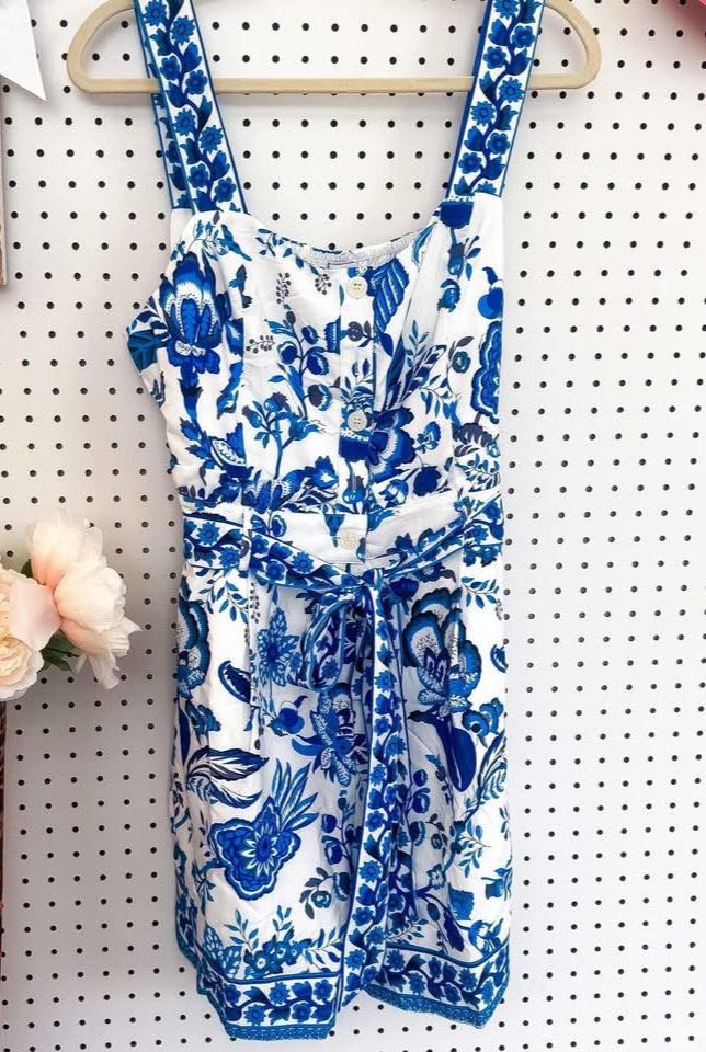 True Blue Paradise Romper | Belted Blue White Shorts Romper