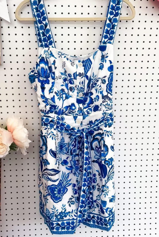True Blue Paradise Romper | Belted Blue White Shorts Romper