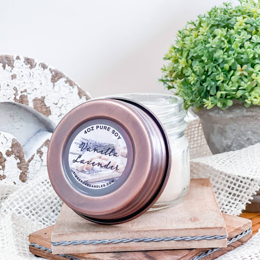 Vanilla Lavender 4oz Mason Jar Candle| Timber Oak Vanilla Lavender Soy Candle