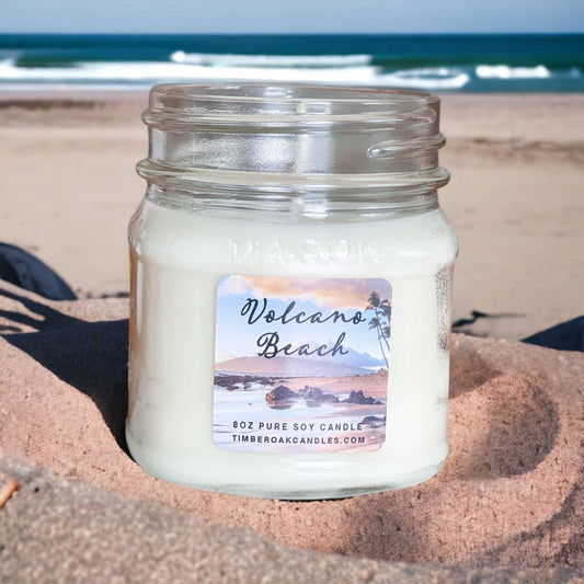 Volcano Beach 8oz Mason Jar Candle | Timber Oak Volcano Beach Pure Soy Candle