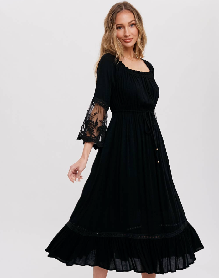 Waiting For You Black Dress | Lace Trim Bell Sleeve Midi Black Dress